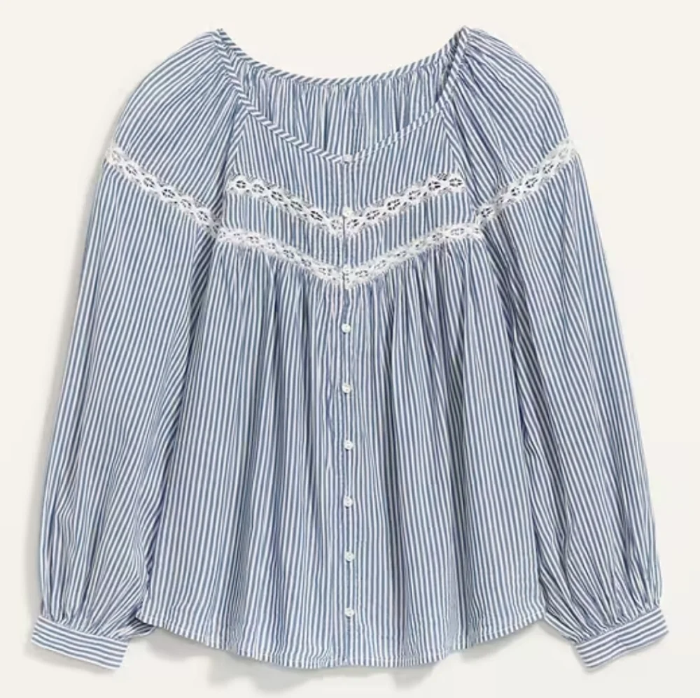 Old Navy Puff Sleeve‎ Lace Button Front Striped Blouse Lightweight Peasant Boho